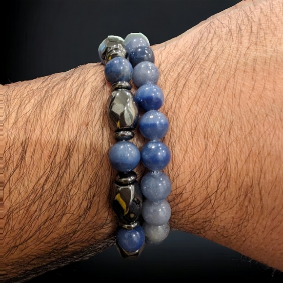 Blue Aventurine & Hematite Men's Bracelet Stack 8mm Natural Stones - Picture 4 of 4